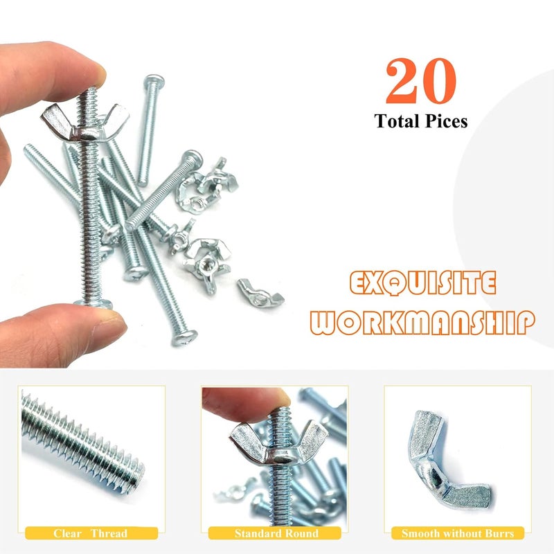 Matrelt 20Pack 1/4"-20 x2-1/2 Screw Bolts and Wing Nut Kit 10pcs Machine Screws with Round Head Phillips 10pcs Butterfly Hand Twist Tighten Nut Zinc Plated Hardware Fitting Fastenings Assortment Kit - Image 4